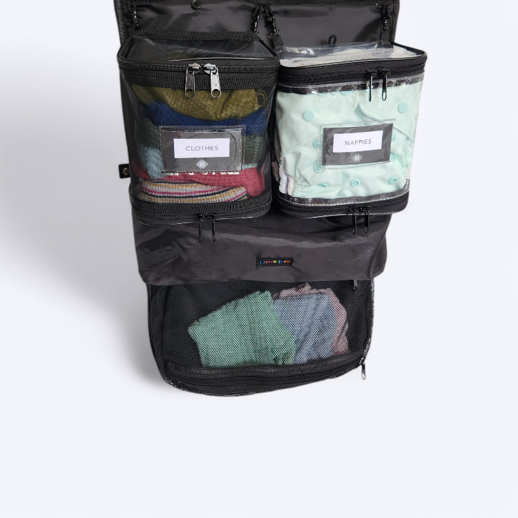 Medley baby bag hanging organiser. Displaying wet pod bag for cloth nappies and mesh pod bag for children's clothes.