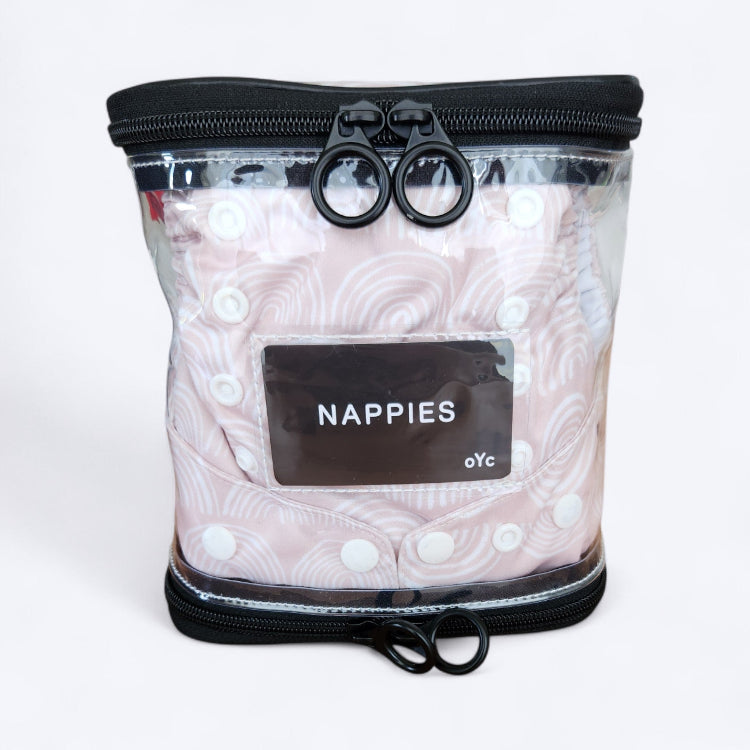 OUT YNDR CLUB wet clothes pod with zipper top and bottom, front view packed with four modern cloth nappies econaps