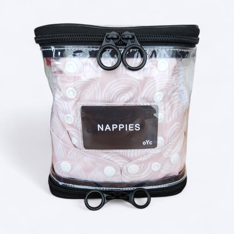 OUT YNDR CLUB wet clothes pod with zipper top and bottom, front closed view packed with four modern cloth nappies econaps
