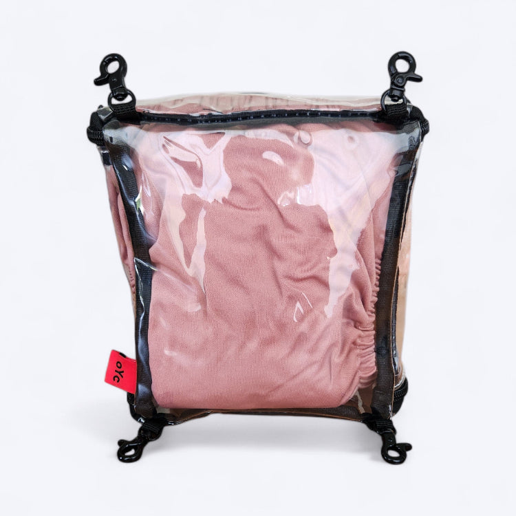 OUT YNDR CLUB wet clothes pod with zipper top and bottom, back view closed packed with four modern cloth nappies econaps