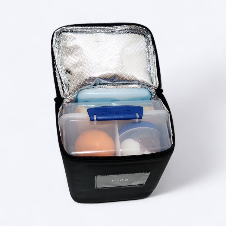 OUT YNDR CLUB Medley baby bag, lunch cooler bag food pod with zipper top and bottom, front angle open view with sistema box and ice brick for one