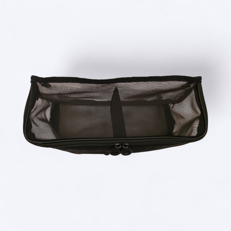 OUT YNDR CLUB mesh clothes pod with zipper top and bottom, top view empty