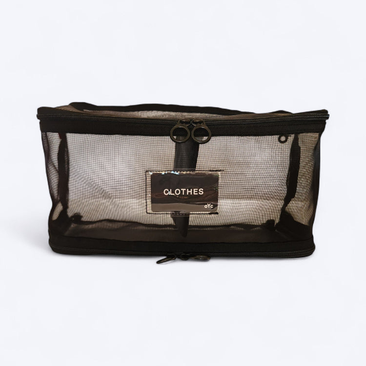 OUT YNDR CLUB mesh clothes pod with zipper top and bottom, front view empty, baby bag compartment
