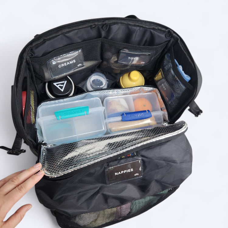 OUT YNDR CLUB Medley baby bag, lunch cooler bag, insulated food pod with zipper top and bottom, front view