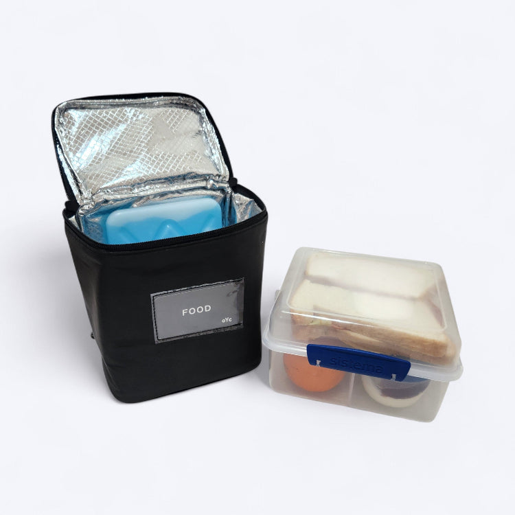 OUT YNDR CLUB Medley baby bag, made to fit lunch cooler bag food pod with zipper top and bottom, front angle open with bento box