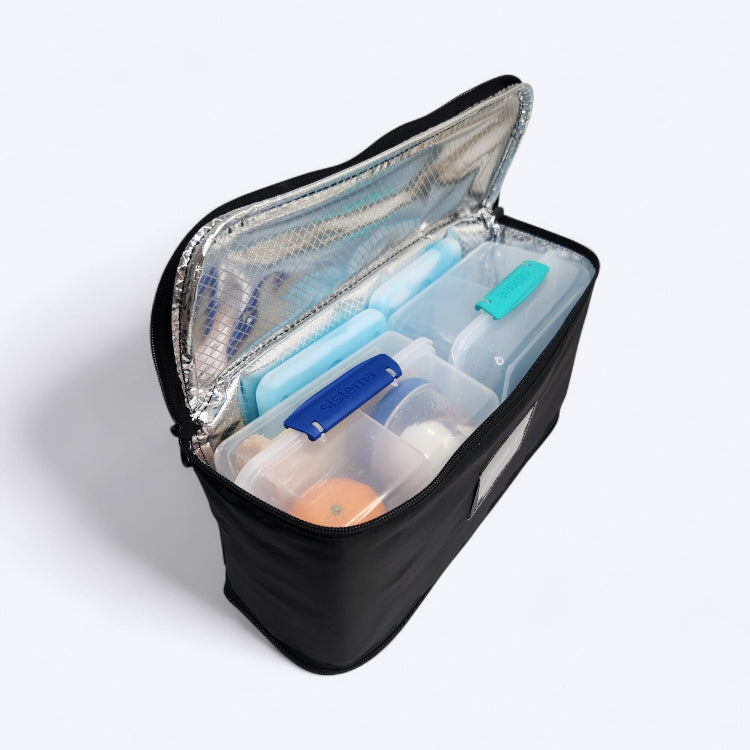 OUT YNDR CLUB Medley baby bag, lunch cooler bag food pod with zipper top and bottom, front angle open view with sistema boxes and ice brick