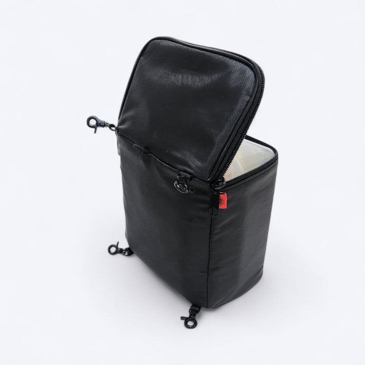 OUT YNDR CLUB Medley baby bag, made to fit lunch cooler bag food pod with zipper top and bottom, back view open