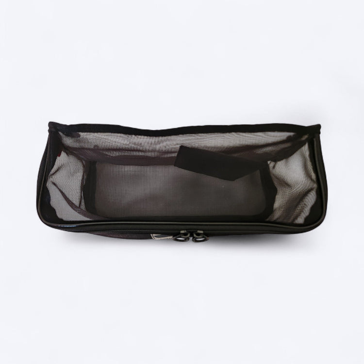 OUT YNDR CLUB mesh clothes pod with zipper top and bottom, top view empty, baby bag compartment