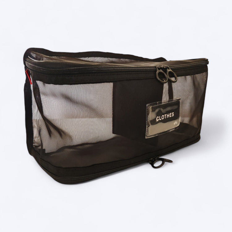 OUT YNDR CLUB mesh clothes pod with zipper top and bottom, front angle view empty, baby bag compartment