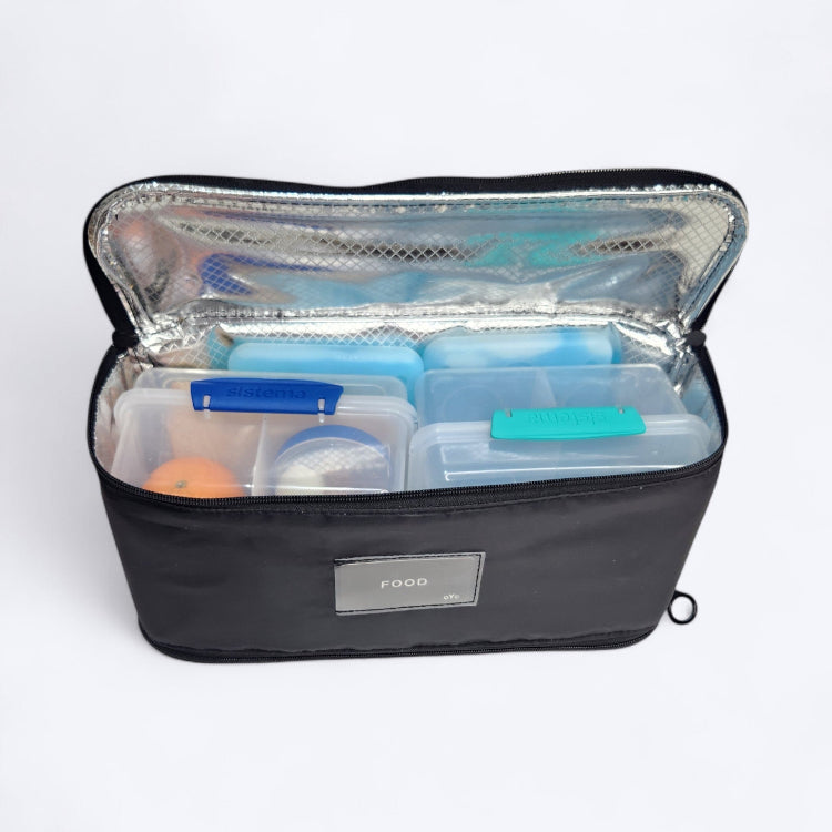 OUT YNDR CLUB Medley baby bag, lunch esky cooler bag food pod with zipper top and bottom, front open view with sistema boxes and ice brick