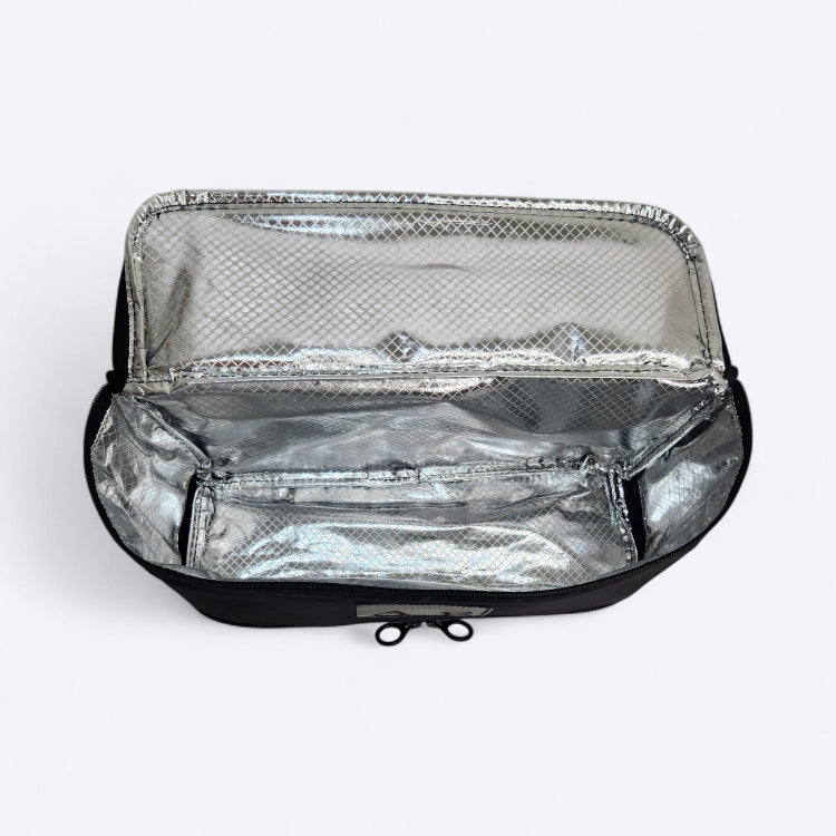 OUT YNDR CLUB Medley baby bag, lunch cooler bag food pod with zipper top and bottom, top angle open view empty