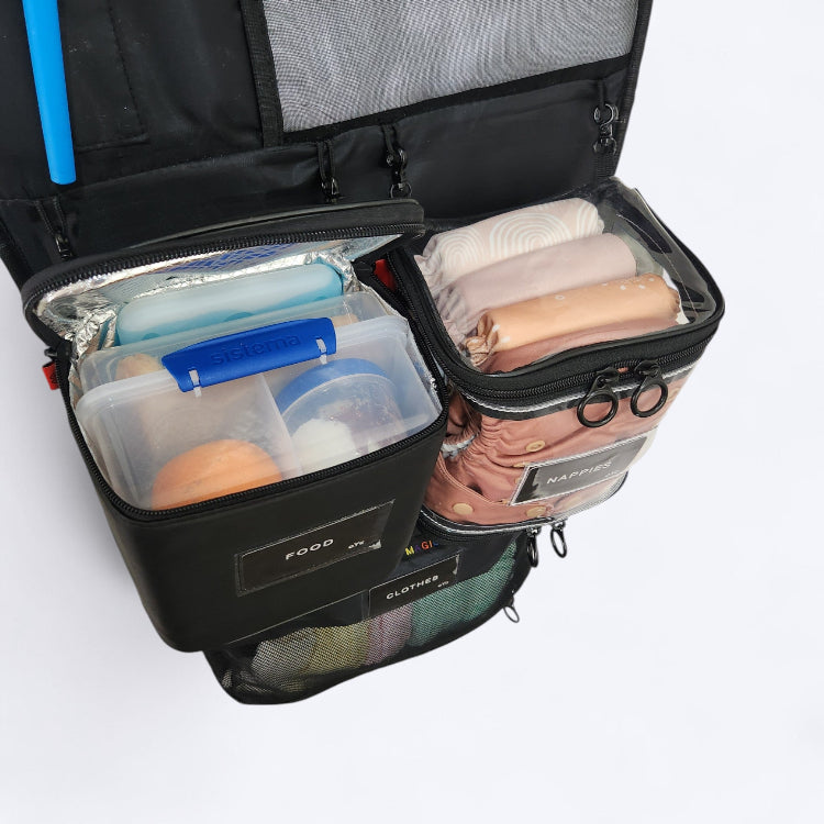 OUT YNDR CLUB Medley baby bag, made to fit lunch cooler bag food pod and wet bag with cloth nappies