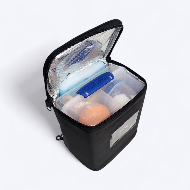 OUT YNDR CLUB Medley baby bag, lunch cooler bag food pod, top view open packed with bento box