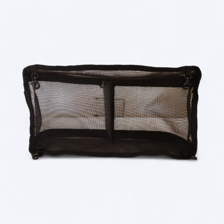 OUT YNDR CLUB mesh clothes pod with zipper top and bottom, back view empty, baby bag compartment