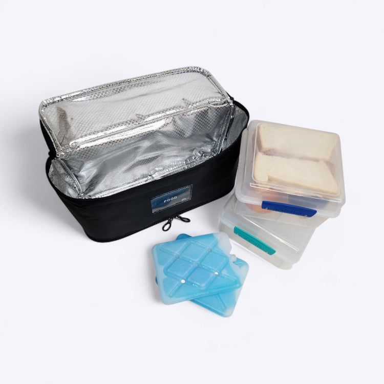 OUT YNDR CLUB Medley baby bag, lunch cooler bag food pod with zipper top and bottom, top angle open view with sistema boxes and ice brick